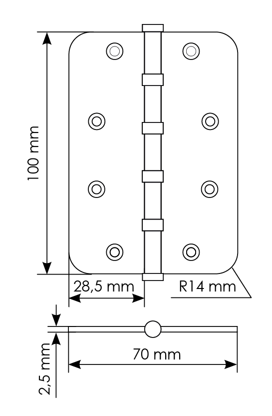 Петля стальная MSN-C 100X70X2.5-4BB SG скругленная универсальная с подшипником, вес полотна до 40 кг, цвет матовое золото фото купить в Махачкале